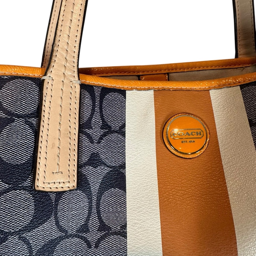 COACH Signature Coated Canvas Drawstring Carryall Bag Denim Blue & Orange Detail - Picture 3 of 14